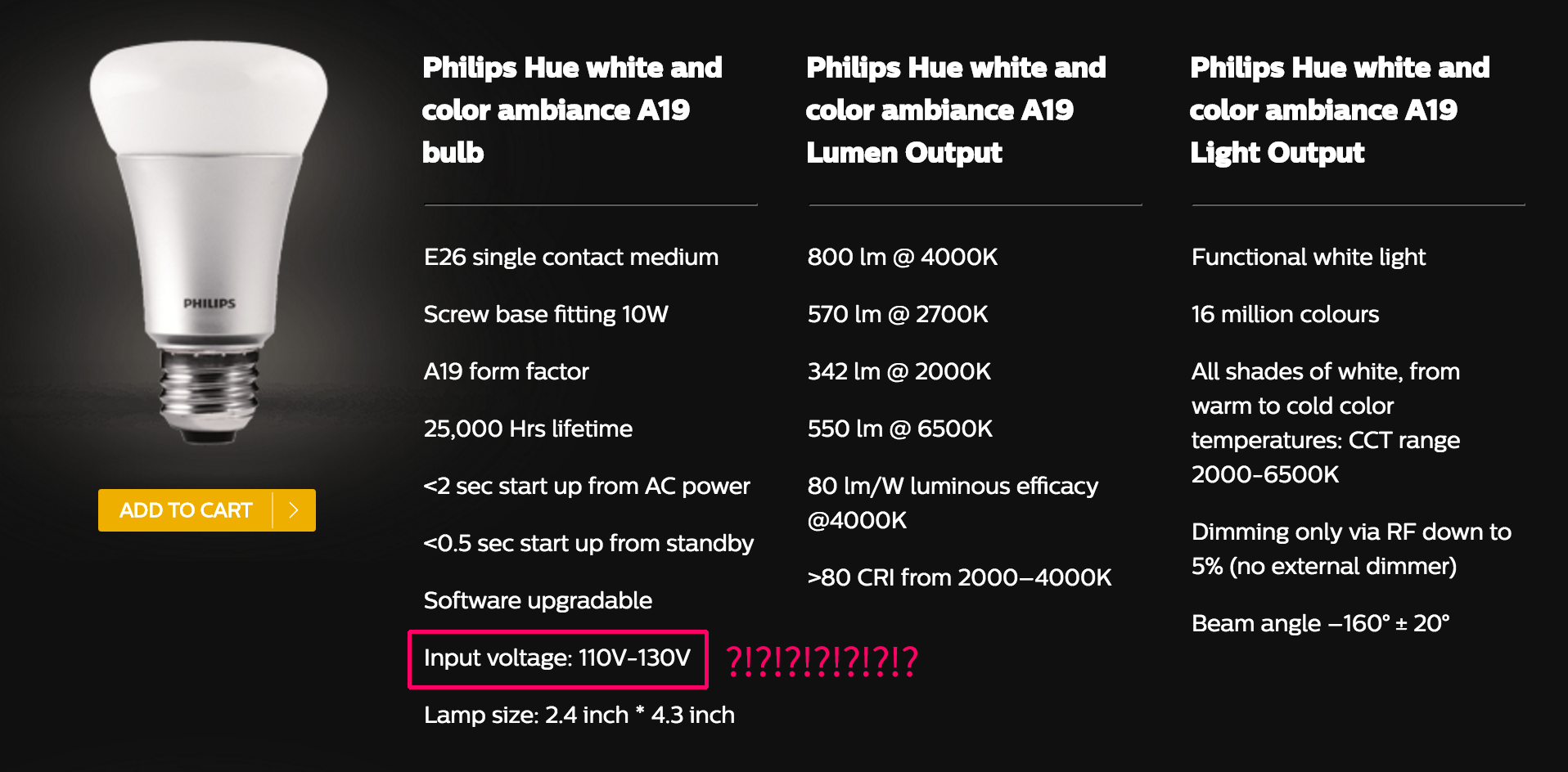 Specifications of Hue White and color ambiance bulb (2nd gen)
